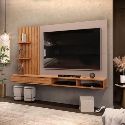Painel para TV até 60 Polegadas Ripado com Nichos DJ Móveis Bento Carvalho Griz Imagem de Painel para TV até 60 Polegadas Ripado com Nichos DJ Móveis Bento Carvalho Griz