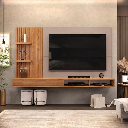 Painel para TV até 60 Polegadas Ripado com Nichos DJ Móveis Bento Carvalho Griz Imagem de Painel para TV até 60 Polegadas Ripado com Nichos DJ Móveis Bento Carvalho Griz