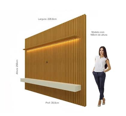 Imagem de Painel para TV até 90 Polegadas 229x250cm Ripado com LED 3 Gavetas 100% MDF