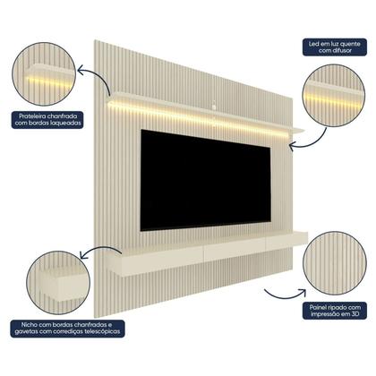 Imagem de Painel para TV até 90 Polegadas Impressão Ripada com LED com Gaveta 220cm 100% MDF Requinte