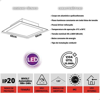 Painel Plafon LED 45W Quadrado Embutir 6500K Bivolt 62x62cm - INLUSS Imagem de Painel Plafon LED 45W Quadrado Embutir 6500K Bivolt 62x62cm