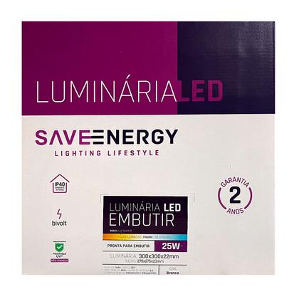 Imagem de Painel Plafon Led Embutir 30X30cm 25W 3000K Branco Bivolt - Save Energy - SE-240.3007