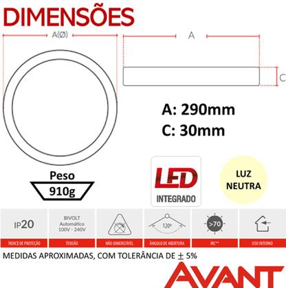 Imagem de Painel Plafon Led Sobrepor Redondo 24w Branco Neutro 4000k Avant