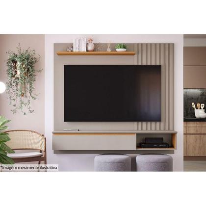 Imagem de Painel Quarto p/ TV até 60 Pol Panamá Plus Ripado c/ 1 Porta e Nicho 162x157cm Off White/Nature - Permóbili