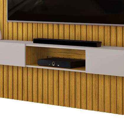 Imagem de Painel Ripado Com Rack Suspensa Para Tv Até 75 Sala Moderna Com Home Bancada Prateleira Decorativa 2,50x2,40m