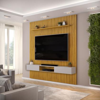 Imagem de Painel Ripado Com Rack Suspensa Para Tv Até 75 Sala Moderna Com Home Bancada Prateleira Decorativa 2,50x2,40m