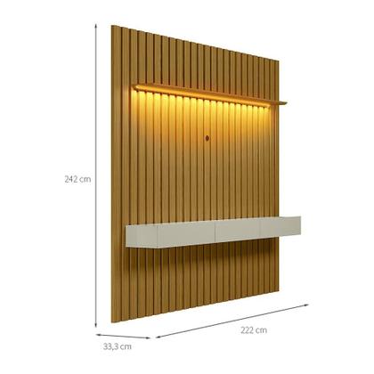 Painel Ripado com Rack Suspenso até 70 Polegadas Tulum com LED 1 PT 2 GV Cedro e Off White Alt 242 Larg 222 cm - Modern Imagem de Painel Ripado com Rack Suspenso até 70 Polegadas Tulum com LED 1 PT 2 GV Cedro e Off White Alt 242 Larg 222 cm