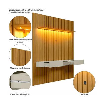 Painel Ripado com Rack Suspenso até 70 Polegadas Tulum com LED 1 PT 2 GV Cedro e Off White Alt 242 Larg 222 cm - Modern Imagem de Painel Ripado com Rack Suspenso até 70 Polegadas Tulum com LED 1 PT 2 GV Cedro e Off White Alt 242 Larg 222 cm