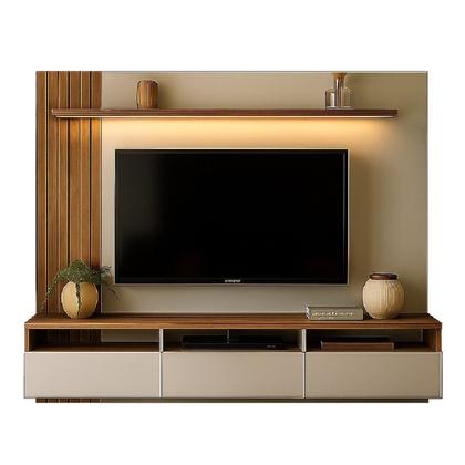 Imagem de Painel Ripado para TV até 65 Polegadas com LED 220cmx165cm 3 Gavetas Nichos Bp Yescasa Solanum/Branco