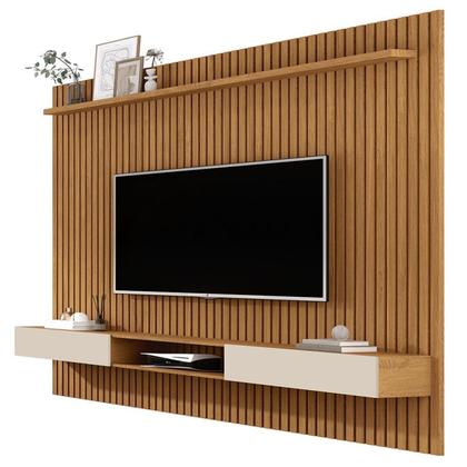 Imagem de Painel Ripado para TV até 70 Polegadas MDF 185,5CMX218CM Nicho 2 Portas Prateleira Nature Off White Vênus Marrom