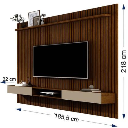 Imagem de Painel Ripado para TV até 70 Polegadas MDF 185,5CMX218CM Nicho 2 Portas Prateleira Nature Off White Vênus Marrom