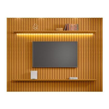 Imagem de Painel Ripado para TV até 75 Polegadas com LED 100% MDF 230cmx220cm 2 Prateleiras Roma Marrom Cinamomo