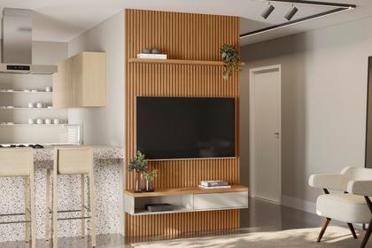 Imagem de Painel Ripado para TV até 75 Polegadas MDF 140CMX250CM Modular 1 Nicho 1 Prateleira Linea Marrom