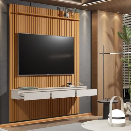 Imagem de Painel Ripado Suspenso para TV até 75 Polegadas 100% MDF 183,6cmx240cm 3 Gavetas Arbo Marrom Cedro/Off White