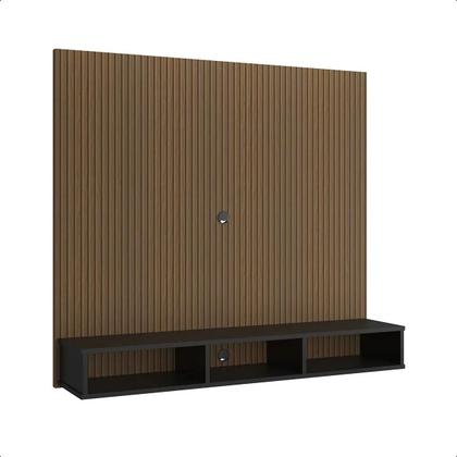Imagem de Painel Sala De Estar P/ TV Até 50" Estante De Parede Nicho Prateleira Hall De Entrada Smart Preto Com Ripado G2 Plus