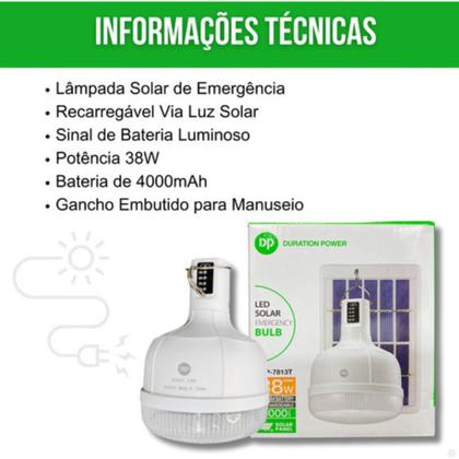 Imagem de Painel Solar E Lâmpada Led De Emergência 38w Com Bateria de 4000mAh Recarregável