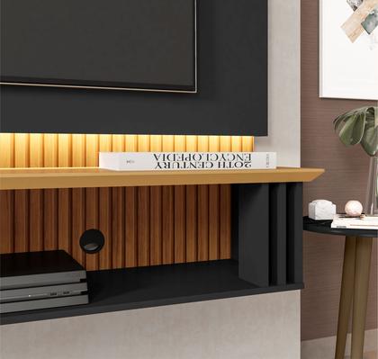 Imagem de Painel Suspenso Bechara Paris com LED pintura 3D largura de 1,60 metro para TV de até 65 polegadas Preto Fosco/Cinamomo