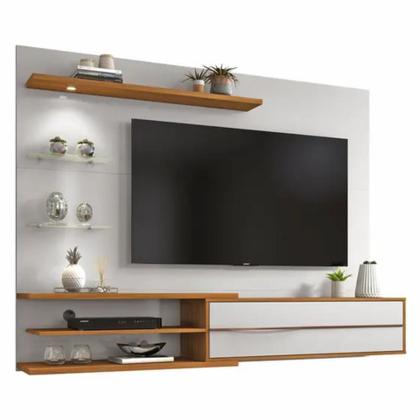 Imagem de Painel Suspenso para TV Até 60 Polegadas com Iluminação em LED e Prateleiras de Vidro - Off White/Freijó
