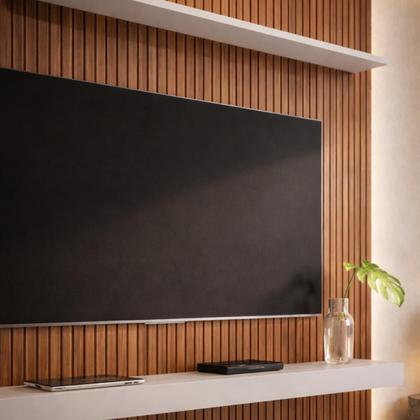 Imagem de Painel Tv 60 Polegadas Atlas Ripado De Madeira Sala De Estar Sala De TV MDF 150cm Com Prateleiras