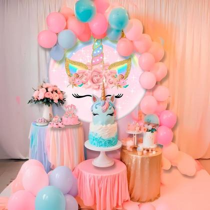 Imagem de Painel Unicornio Redondo 3D Sublimado para Decoração de Festa Aniversário Menina Tecido Premium com Elástico 1,5 metros