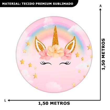 Imagem de Painel Unicornio Redondo 3D Sublimado para Decoração de Festa Aniversário Menina Tecido Premium com Elástico 1,5 metros