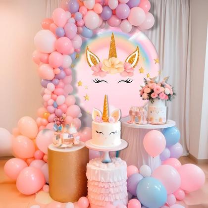 Imagem de Painel Unicornio Redondo 3D Sublimado para Decoração de Festa Aniversário Menina Tecido Premium com Elástico 1,5 metros
