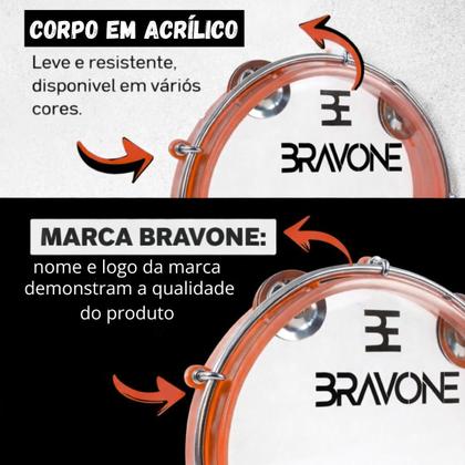 Imagem de Pandeiro 8 Polegadas Bravone Vermelho ABS Pele Cristal Platinelas Inox Leve para Iniciantes