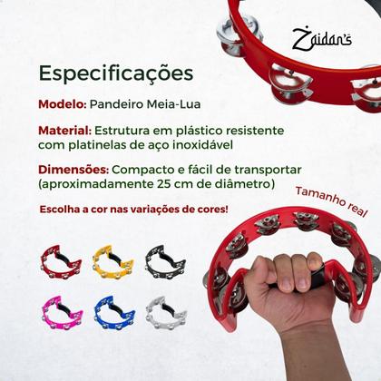 Imagem de Pandeiro Meia Lua Profissional Pandeirola de Mão Colorida Instrumento Percussão Musical Em ABS Zaidans