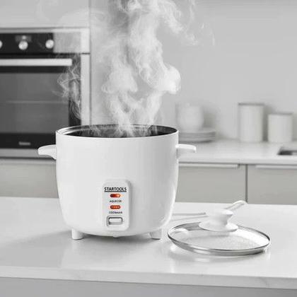Imagem de Panela Arroz Elétrica Branca Fazer Preparo Vapor Comida Carne Assadeira Colher Bandeja