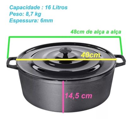 Imagem de Panela Caçarola Ferro Fundido Grande 40cm 15 Lts Alça Ferro Tampa Alumínio - Santana