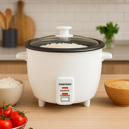 Imagem de Panela de Arroz Elétrica 1,3 Litros Branca 127V ou 220V com Tampa de Vidro Função Cozinhar Aquecer