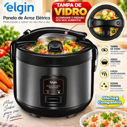 Panela De Arroz Elétrica Elgin 5 Xicaras 2L Tampa de Vidro 400W