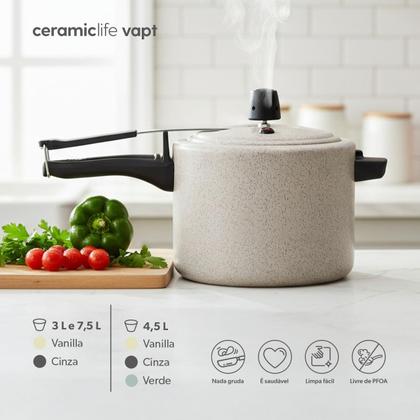 Imagem de Panela de Pressão 23 cm 7,5 L Revestimento Cerâmico Mineral Resist Cor Vanilla Linha Ceramic Life Vapt Brinox