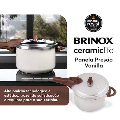 Imagem de Panela de Pressão Brinox Ceramic Life Fundo de Indução Pressure 6,8 Litros Ø 24 cm Vanilla