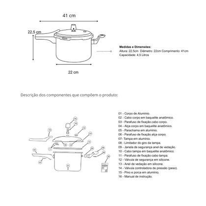 Imagem de Panela De Pressão Fechamento Externo Antiaderente 4,5L Vermelho