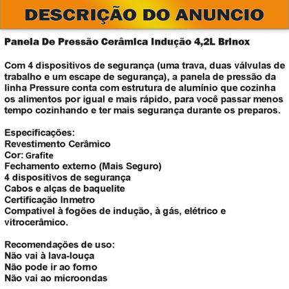 Imagem de Panela De Pressão Fogão De Inducão Cerâmica Life Pressure Antiaderente 4,2L Grafite Brinox
