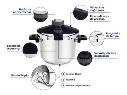 Imagem de Panela de Pressão Tramontina Presto em Aço Inox Fundo Triplo com 5 Dispositivos de Segurança 22 Cm 6 L