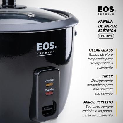 Imagem de Panela Elétrica de Arroz 8 Xícaras EOS Premium Pratic Tampa de Vidro Preto EPA08P 110V