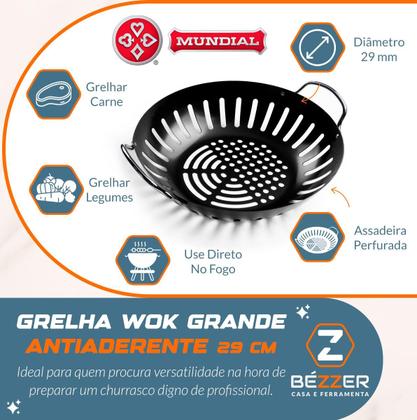 Imagem de Panela Grelha Wok Assadeira Perfurada Antiaderente Legumes 29cm Grande Churrasco Mundial BQ60-04