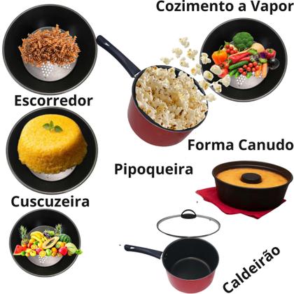 Imagem de Panela Multiuso 7 x1  Vermelho Vapor Antiaderente Pipoqueira Formas Pudim Cuscus Fogão a Gas