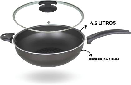 Imagem de Panela Para Fogão de Indução Frigideira Wok 4,5l Antiaderente Tampa de Vidro