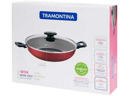 Imagem de Panela Wok Antiaderente Tramontina de Alumínio - com Tampa Loreto Vermelha 28cm