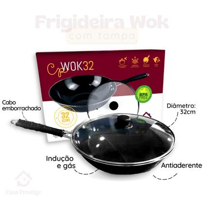 Imagem de Panela Wok Preto Antiaderente 5L com tampa de vidro 32cm