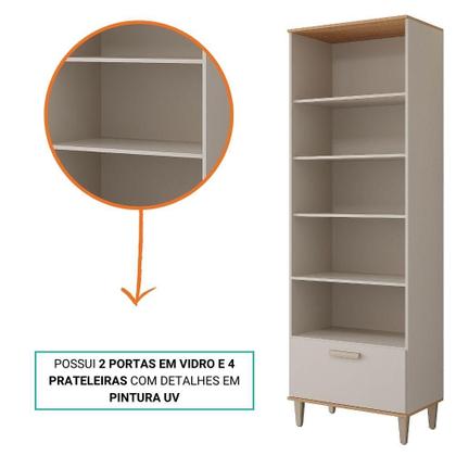 Imagem de Paneleiro Cristaleira 100%Mdf 70Cm 3 Portas 2 Em Vidro E 1 Gaveta Bella Mgm Móveis Freijó/Off White