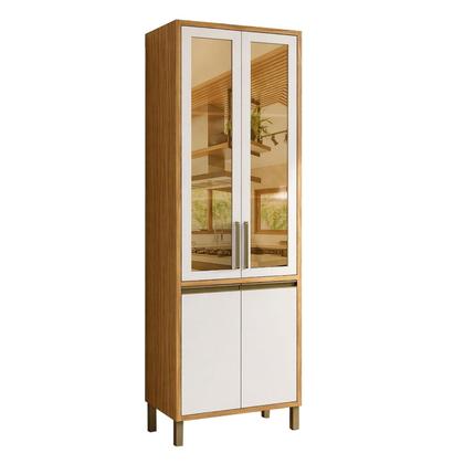Imagem de Paneleiro Cristaleira 4 Portas e Vidro Reflecta 100% MDF 70cm Barbados Espresso Móveis Bege/Amêndoa/Off White