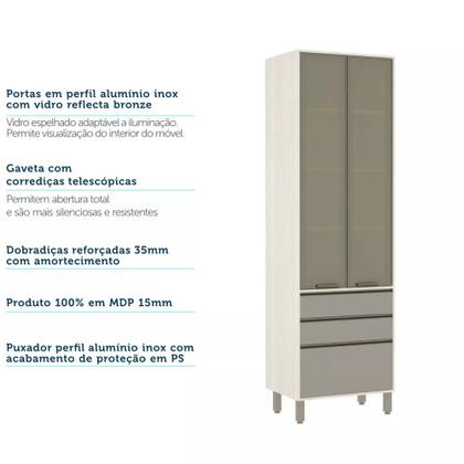 Imagem de Paneleiro de Cozinha 70 cm 2 Portas com Vidro Reflecta Bronze 3 Gavetas Linea Luciane Móveis