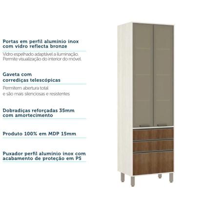 Imagem de Paneleiro de Cozinha 70 cm 2 Portas com Vidro Reflecta Bronze 3 Gavetas Linea Luciane Móveis