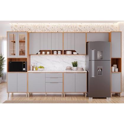 Imagem de Paneleiro de Cozinha Cristaleira Brilhante c/ 4 Portas (2 c/ Vidro Reflecta) e 1 Nicho 70cm Cinamomo/Off White - MGM