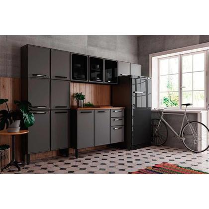 Imagem de Paneleiro de Cozinha Estilo 7039 c/ 6 Portas (2 c/ Vidro) Cinza/Grafite - Bertolini