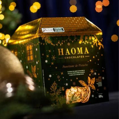 Imagem de Panettone Recheado Caixa Com 620g Sabor Pistache Com Chocolate Branco Haoma
